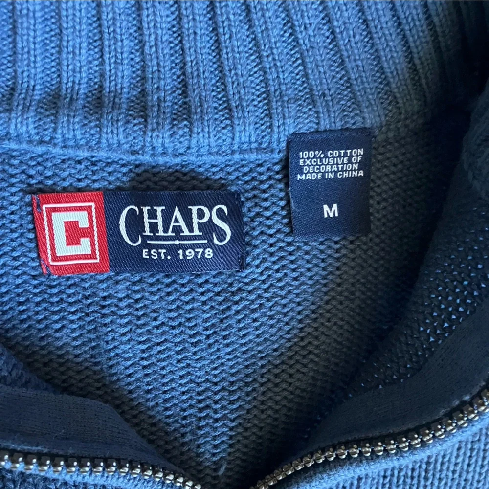 Chaps Mens Blue Knit Long Sleeve Quarter Zip V neck Sweater size Medium